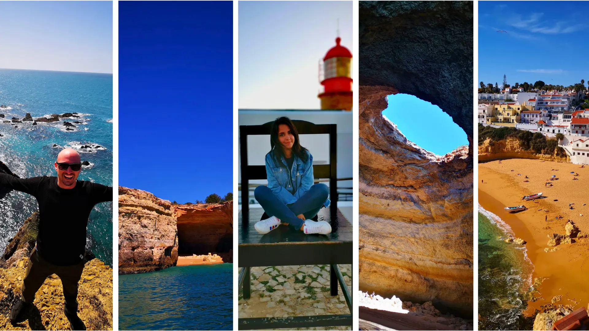 A five-panel collage of the Algarve: a traveller in sunglasses with arms outstretched on a golden cliff above the turquoise Atlantic, deep blue sea beneath red layered limestone cliffs, a woman in a denim jacket sitting in front of a red-and-white lighthouse, the view out through the oculus of the Benagil sea cave to blue sky, and an aerial view of a golden beach cove below a whitewashed coastal town.