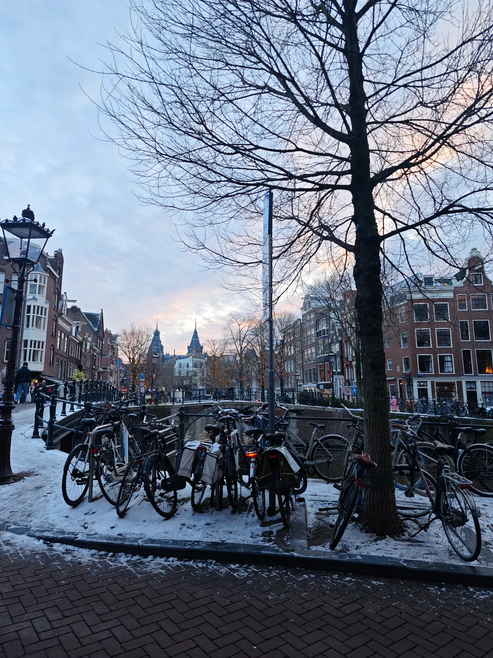 A rack of bicycles parked on a snowy canal bridge beside a bare tree, with gabled houses and the twin towers of a church rising down the street at dusk.