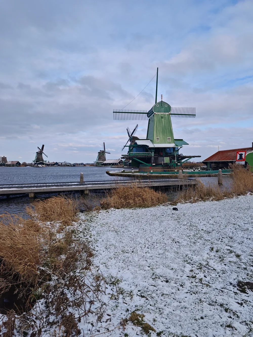 A large green Dutch windmill with its sails spread beside a wide waterway, other windmills along the horizon and frost-covered grass in the foreground.