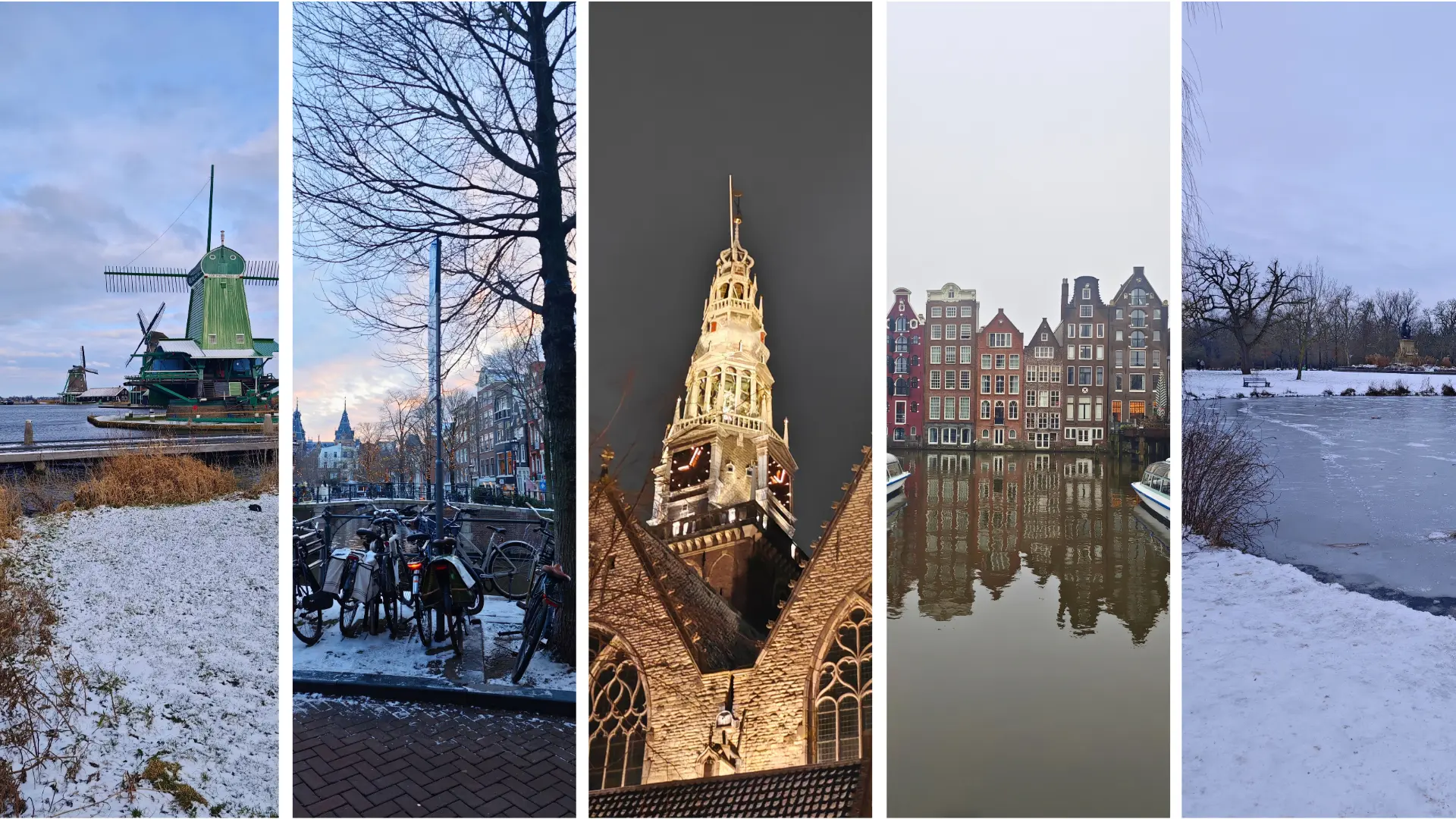 A five-panel collage of Amsterdam in winter: a green windmill beside the water above a frosty bank, bicycles racked along a canal bridge at dusk, a warmly lit church spire and crown tower at night, narrow gabled canal houses mirrored in still water, and a snow-covered canal under a pale pastel sky.