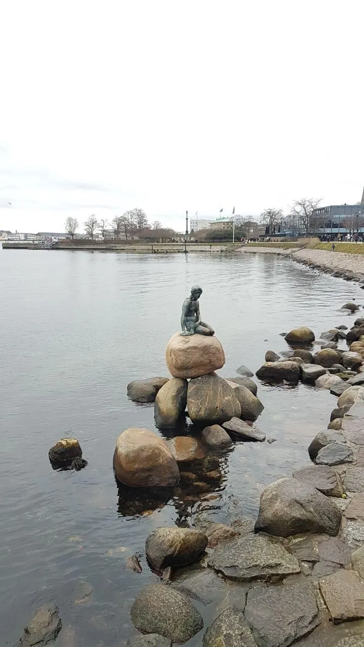 The Little Mermaid bronze statue sitting on a large boulder among shoreline rocks in calm grey water, with bare trees and the city visible across the water on an overcast day.