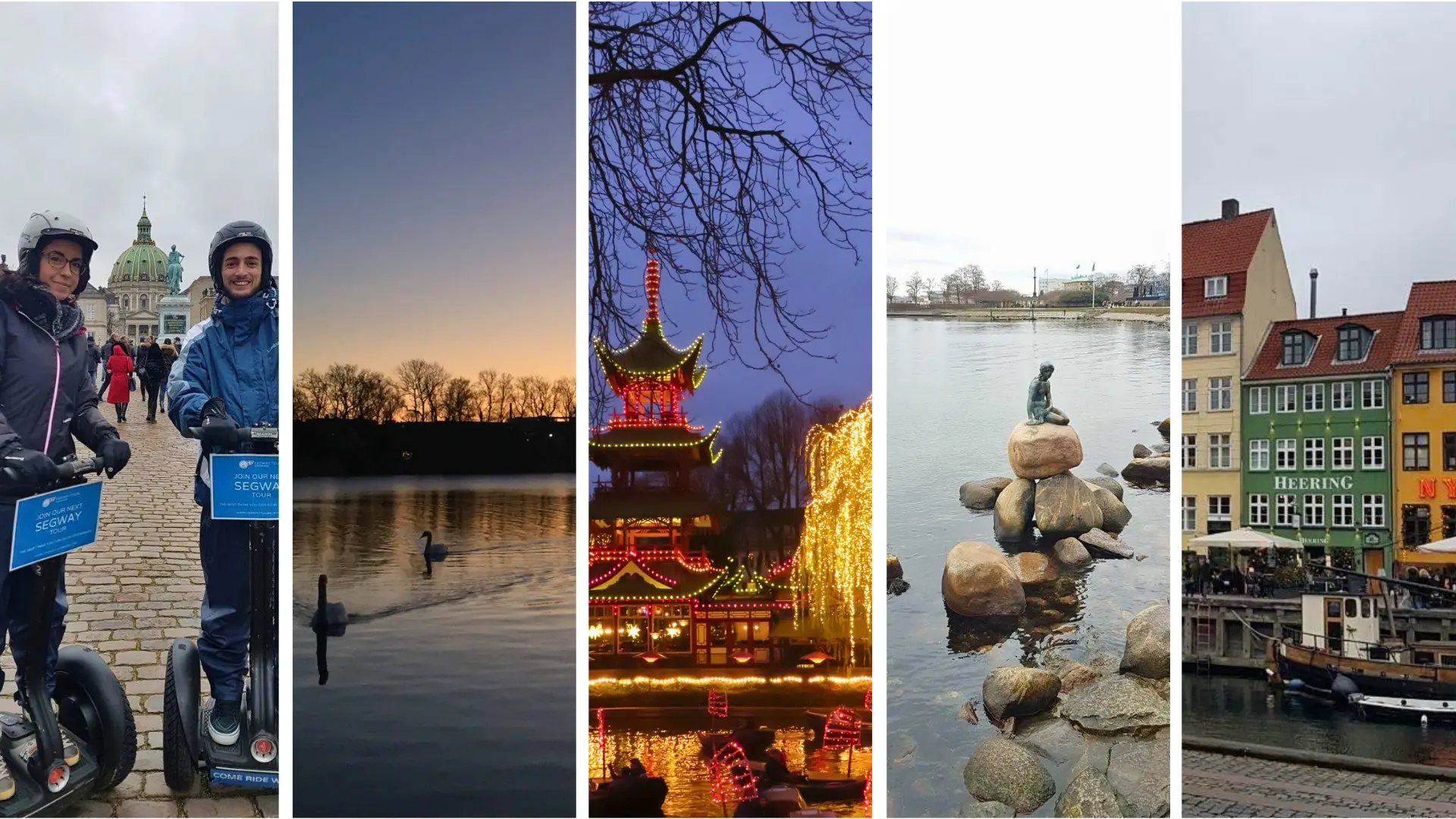 A five-panel collage of Copenhagen in winter: two helmeted travellers on a Segway tour in a cobbled square with a green-domed baroque building behind, bare trees silhouetted against a purple and orange dusk over the water, the Chinese-style tower at Tivoli lit up in red and green beside trees wrapped in golden lights, the Little Mermaid statue sitting on a boulder in calm grey water, and the colourful gabled townhouses of Nyhavn with a Danish flag and a wooden boat moored along the quay.