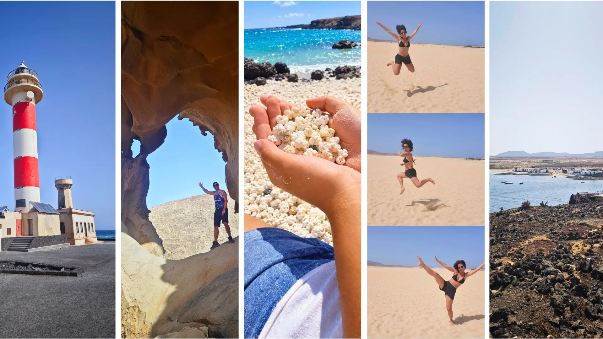 Fuerteventura collage: the red-and-white lighthouse at El Cotillo, a sea cave arch, hands holding popcorn stones above a turquoise shore, dune jumping and the Ajuy fishing village