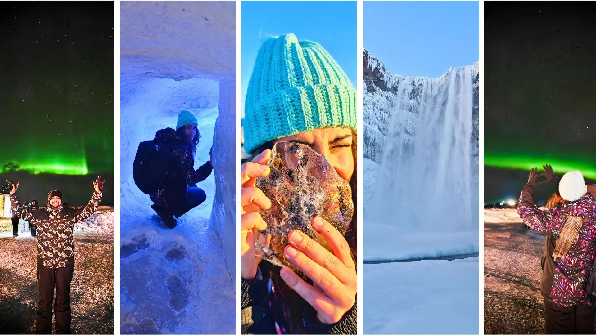 A five-panel collage of Iceland in winter: a traveller throwing both arms up beneath green aurora over a frozen car park, someone crouching inside a blue-lit ice cave, a traveller in a mint bobble hat holding a piece of clear ice to the sun, a powerful waterfall plunging into a snowy canyon, and a traveller waving under a band of aurora across the night sky.