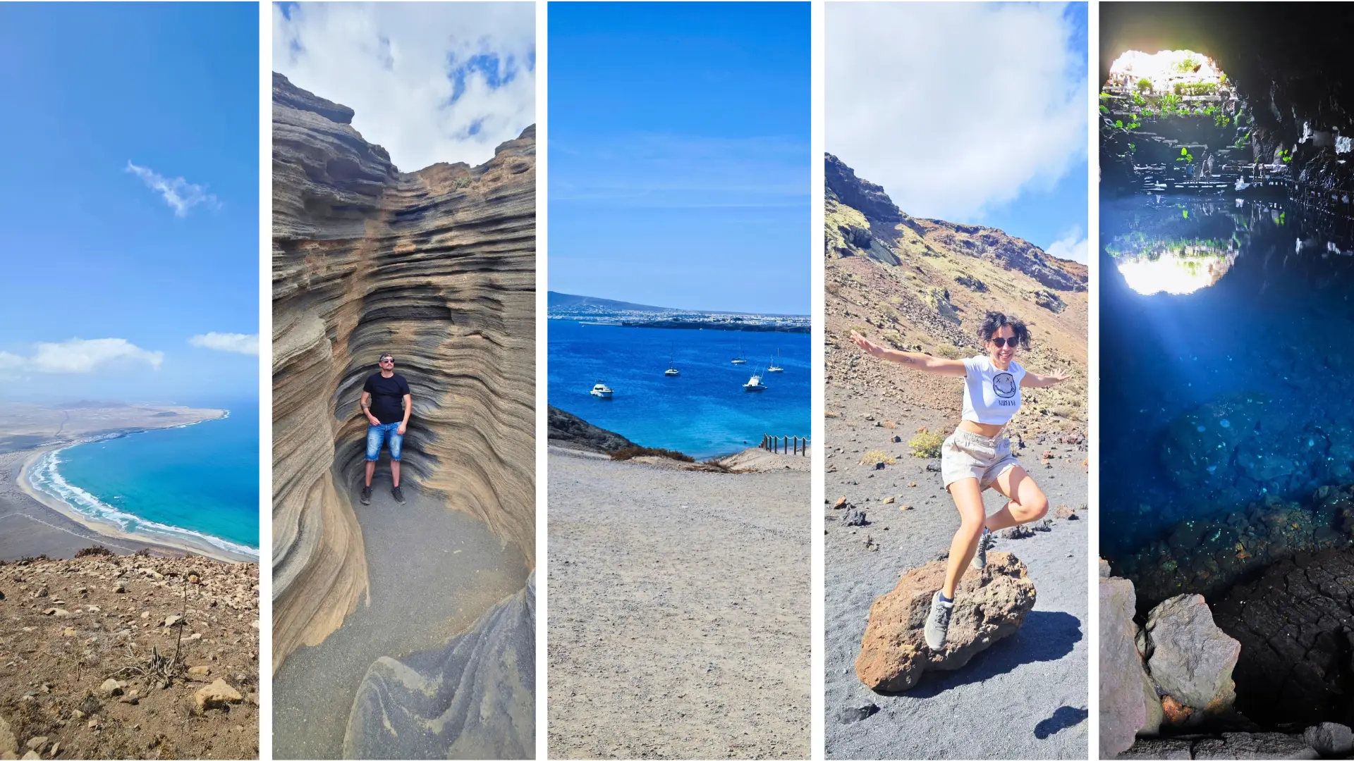 Lanzarote collage: a turquoise Atlantic beach, folded lava cave walls, the bay of Papagayo, volcanic cliffs and a sea cave lit from above