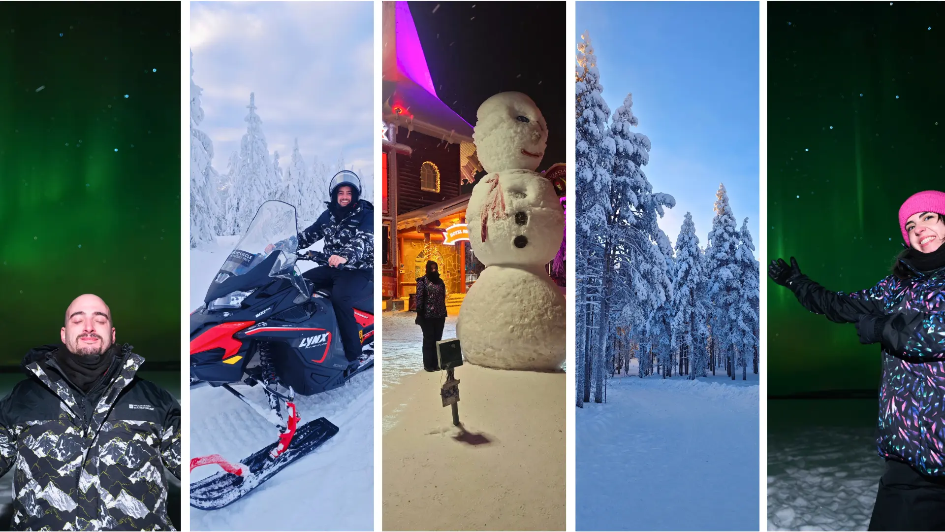 A five-panel collage of Finnish Lapland: a man in a camo jacket standing under rippling green aurora, a rider steering a snowmobile through deep snow, a giant snowman outside a warmly lit wooden building at night, snow-laden spruce trees under a pale blue winter sky, and a traveller in a pink hat waving beneath the northern lights.