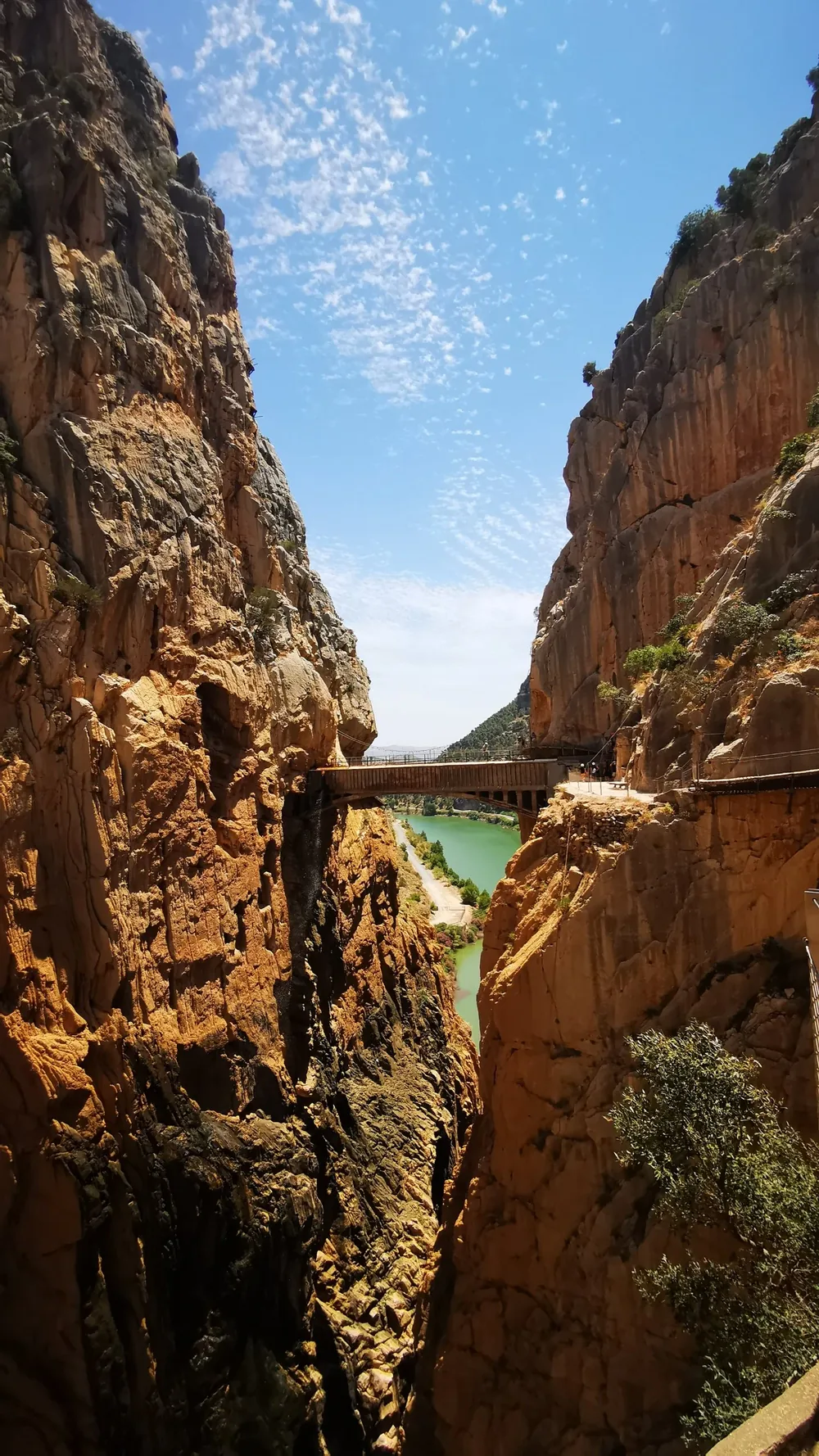 The wooden walkway of the Caminito del Rey clinging to a steep orange limestone gorge, with a river and green valley far below.