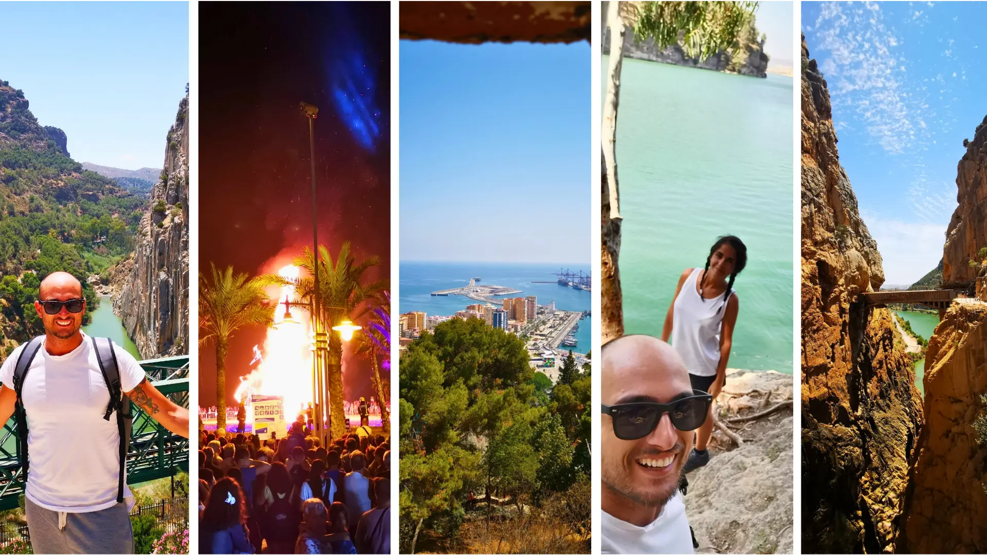 A five-panel collage of Málaga: a traveller in sunglasses on a bridge above a green river gorge, a crowded palm-lined street lit for the night, the port and open sea seen through a stone window embrasure, two travellers smiling at the edge of a turquoise reservoir, and a narrow orange rock gorge crossed by a wooden walkway under a bright blue sky.
