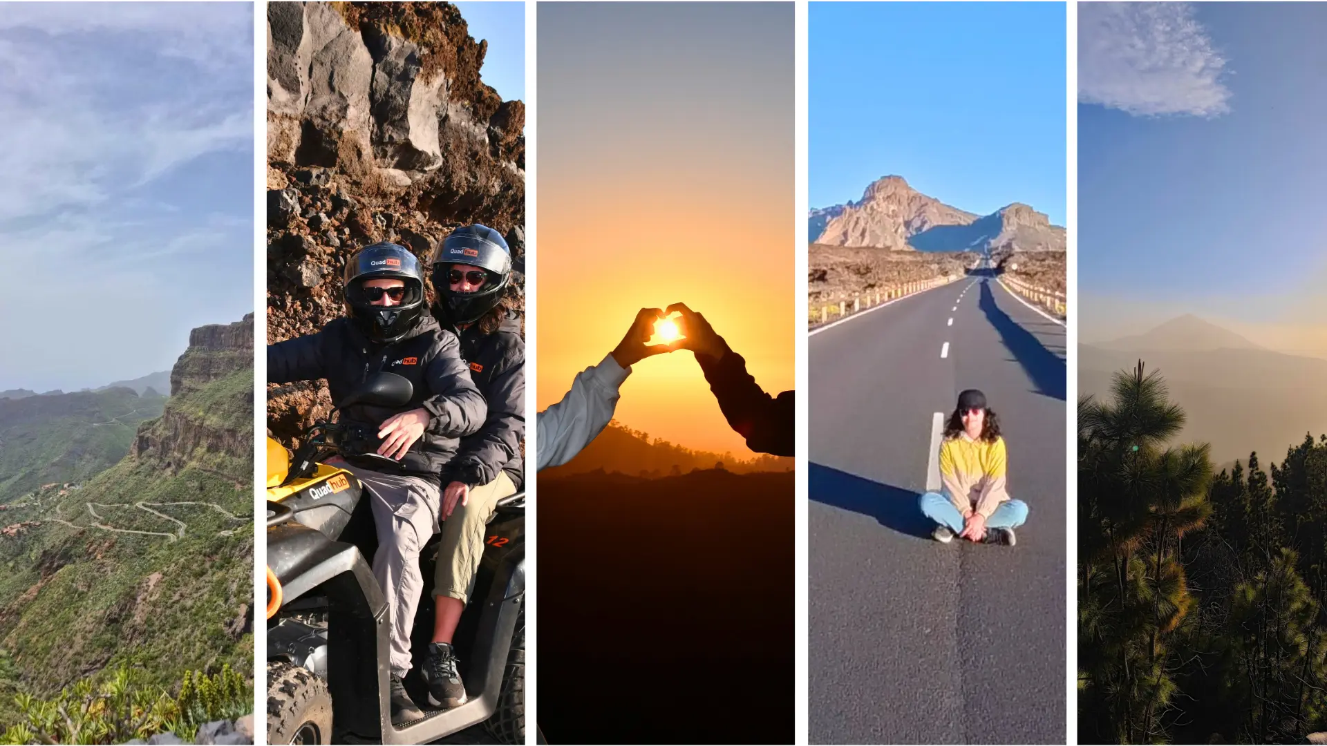 A five-panel collage of Tenerife: a winding cliff road through the green laurel forest of Anaga, two riders on a quad in volcanic terrain, two hands framing the setting sun above a mountain ridge, a traveller sitting alone in the middle of an empty road across the volcanic desert, and Mount Teide rising out of a golden sea of clouds.