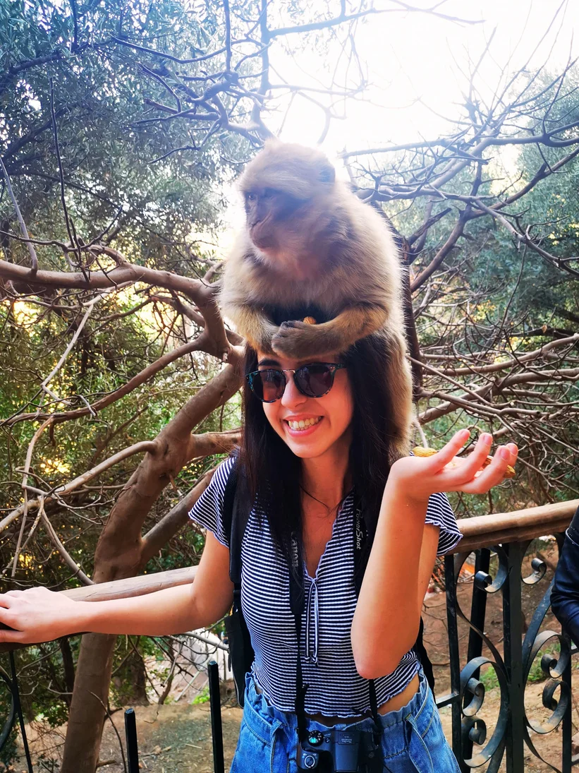 Valentina smiling as a monkey sits on her head among trees